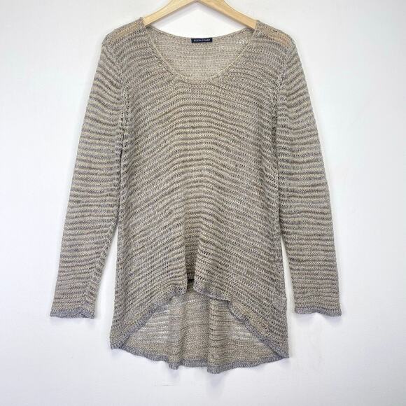 EILEEN FISHER Metallic Open Knit Sweater Beige Womens L Linen Blend Lagenlook - Picture 1 of 7
